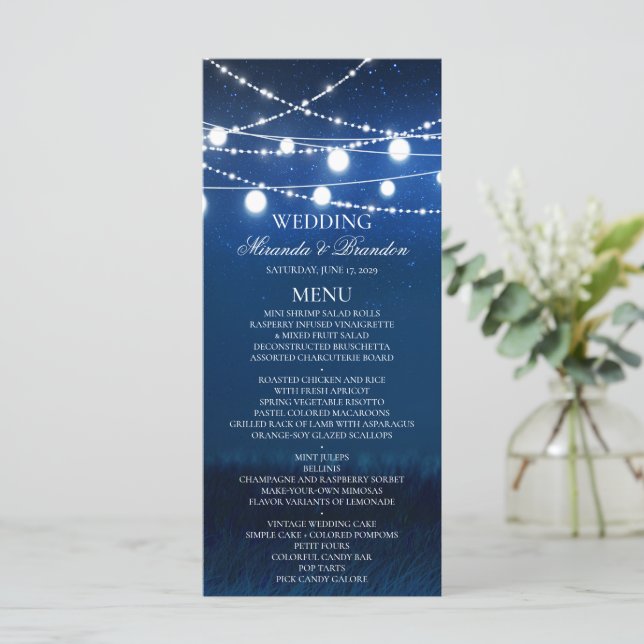 Blue Night and Silver Lights Wedding Menu Card (Stehend Vorderseite)