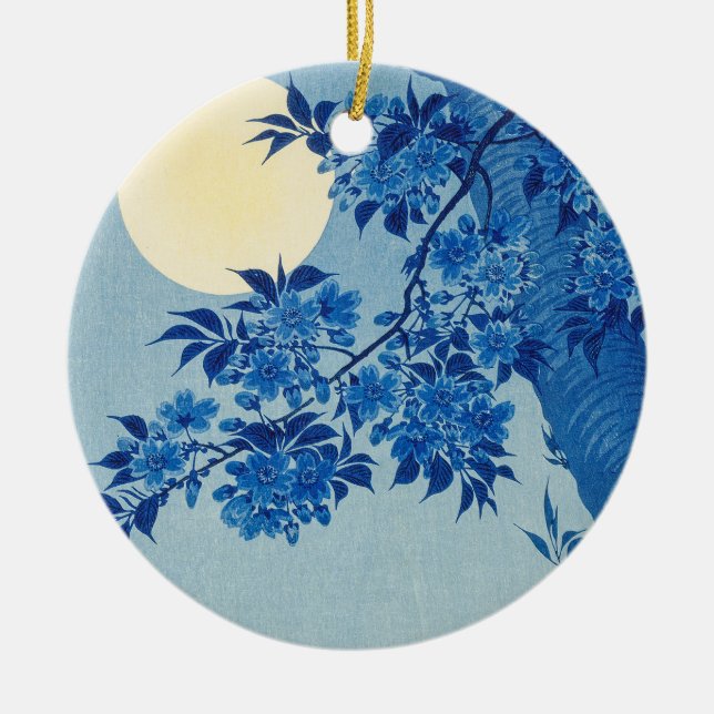 Blue Night Moon Cherry Tree Japanisch Keramik Ornament (Vorne)
