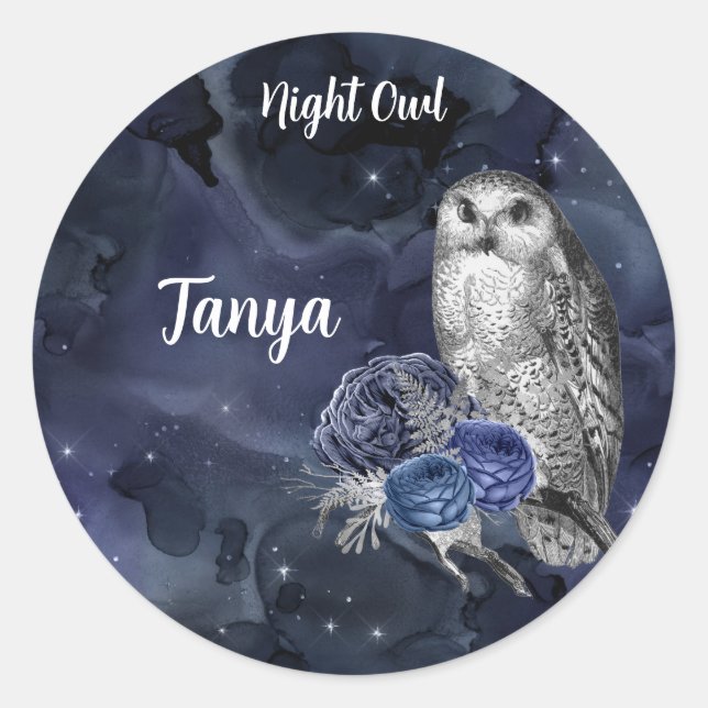 Blue Night Owl Classic Round Aufkleber (Vorderseite)