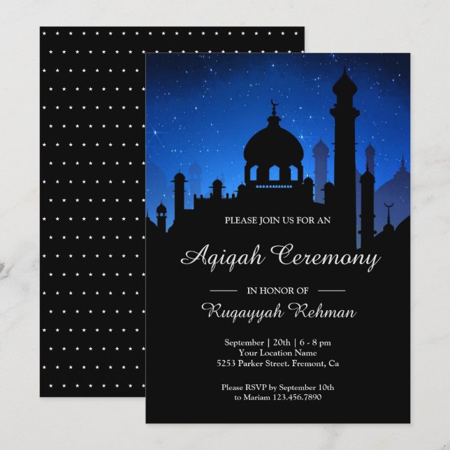 Blue Night Sky Arabian Nights Aqiqah Einladung (Vorne/Hinten)