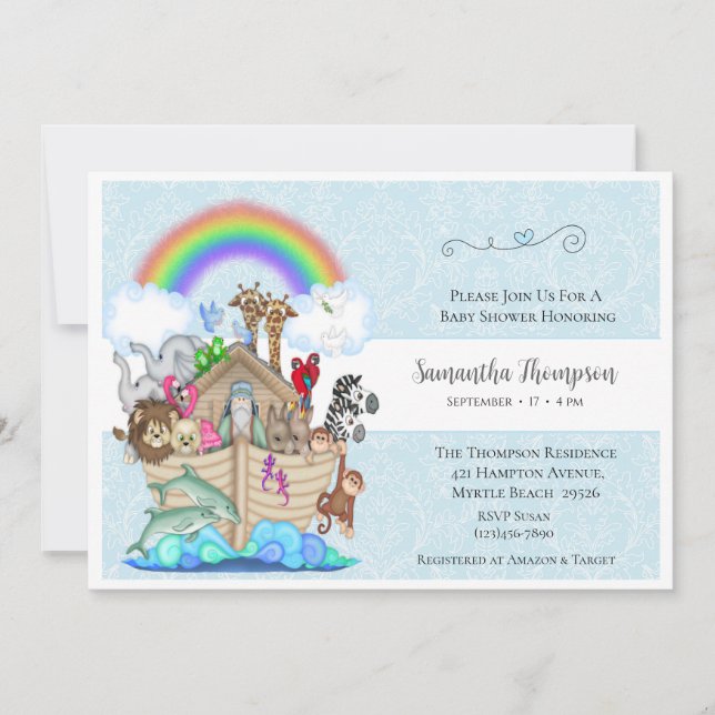 Blue Noah's Ark Baby Shower Einladung (Vorderseite)