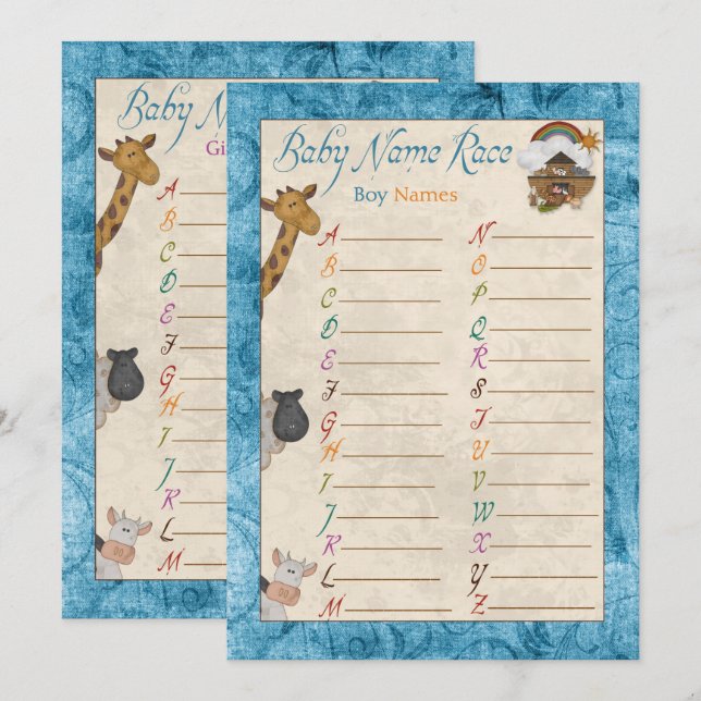 Blue Noah's Ark Name Race Baby Shower Games Einladung (Vorne/Hinten)