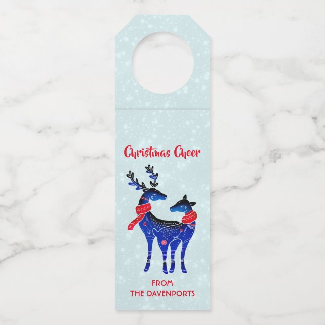 Blue Nordic Christmas Reindeer Pair Flaschenanhänger (Vorderseite)