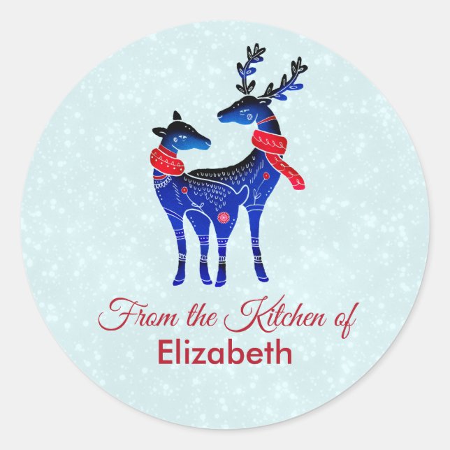 Blue Nordic Christmas Reindeer Pair Kitchen Runder Aufkleber (Vorderseite)