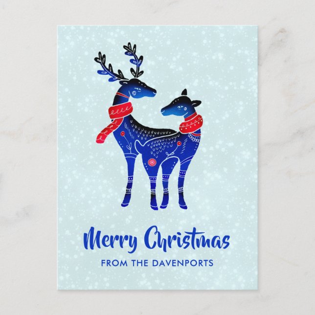 Blue Nordic Christmas Reindeer Pair Postkarte (Vorderseite)