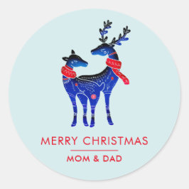 Blue Nordic Christmas Reindeer Pair Runder Aufkleber
