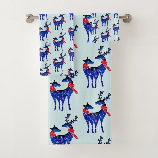 Blue Nordic Christmas Rentier Pair Pattern Badhandtuch Set (Insitu)
