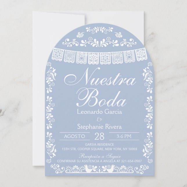 Blue Nuestra Boda Papel Picado Spanish Wedding Einladung (Vorderseite)