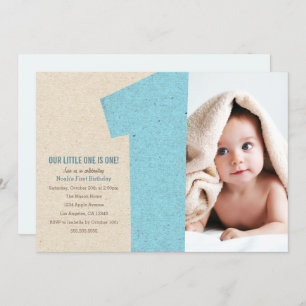 Blue Number One First Birthday Party Invitation