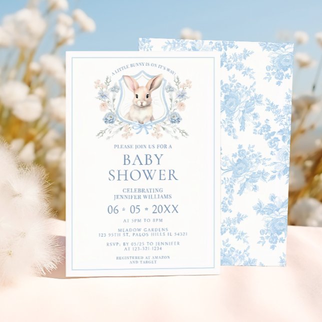 Blue Oaster Bunny Wappen Floral Baby Boy Dusche Einladung (Von Creator hochgeladen)