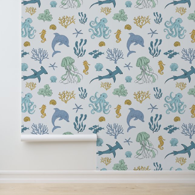 Blue Ocean Animals Boy's Room Tapete (Anwendung)