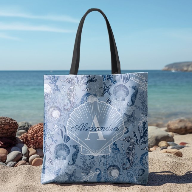 Blue Ocean Life Coastal Beach Monogram Tasche (Von Creator hochgeladen)