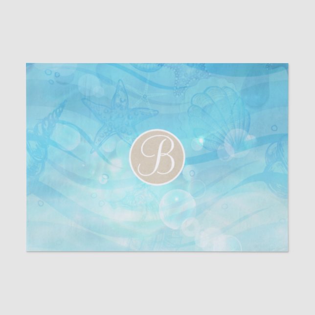 Blue Ocean Muscheln Beach Monogram Seidenpapier (Vorderseite)