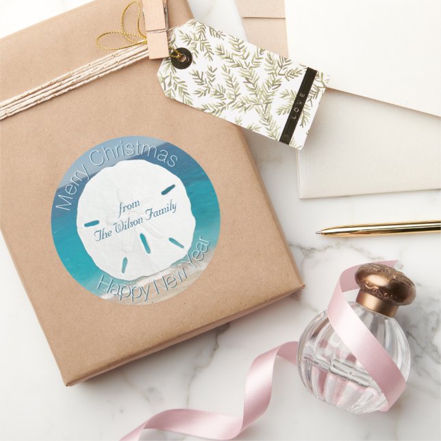 Blue Ocean Sand Dollar Frohe Weihnachten von Runder Aufkleber (Schenken)