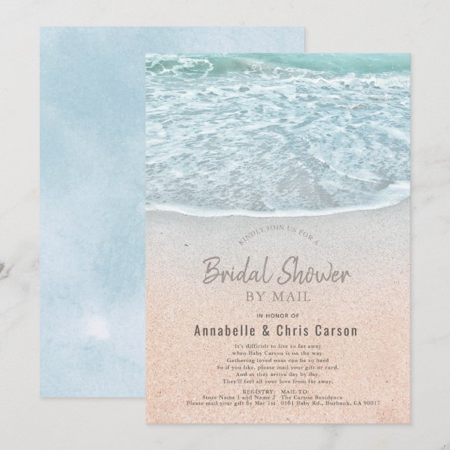 Blue Ocean & Sandy Beach Brautparty von Mail Einladung (Vorne/Hinten)