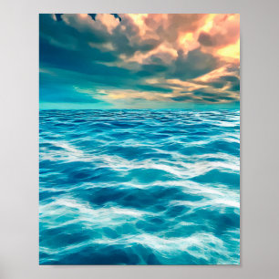 Blue Ocean Seascape Cloudy Sky Digital Malerei Poster