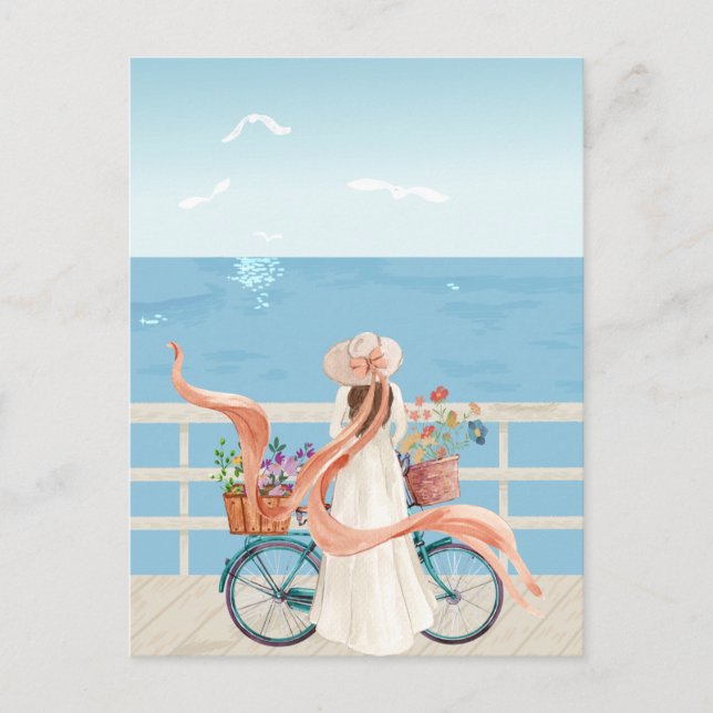 Blue Ocean Sommer Mädchen mit Fahrrad Postkarte (Vorderseite)