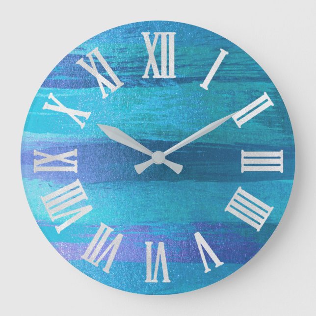 BLUE OCEAN SUMMER BEACH HAUS römische Nummern Große Wanduhr (Vorderseite)