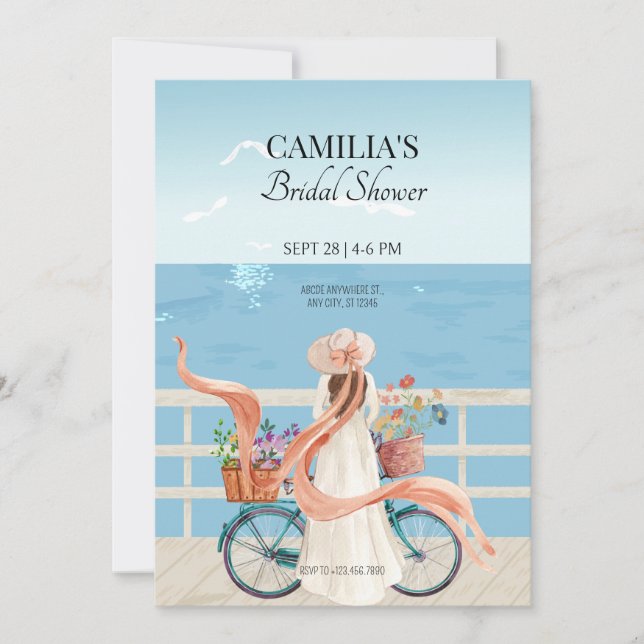 Blue Ocean Summer Girl mit Fahrrad Brautparty Einladung (Vorderseite)