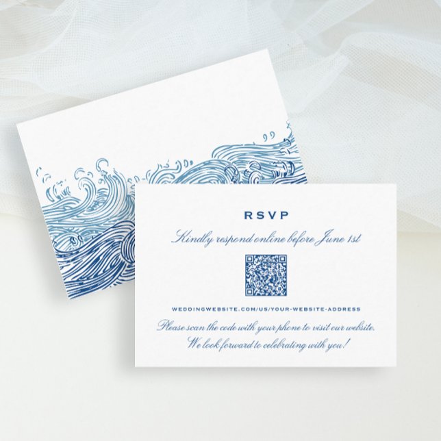 Blue Ocean Waves Hochzeiten Online-UAWG QR-Code Begleitkarte (Blue Ocean Waves wedding QR Code RSVP insert card from Concertina Press)