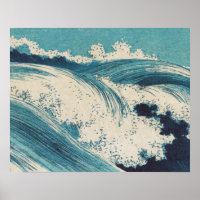 Blue Ocean Waves Japanese Woodcut