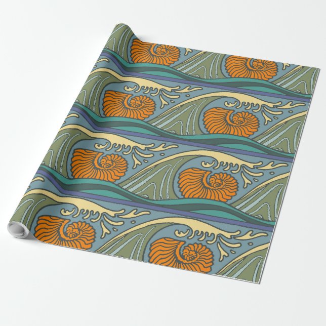 Blue Ocean Waves Nautilus Seashell Muster Nouveau Geschenkpapier (Ungerollt)