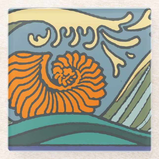 Blue Ocean Waves Nautilus Seashell Muster Nouveau Glasuntersetzer (Vorderseite)