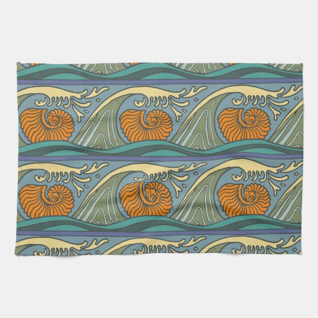 Blue Ocean Waves Nautilus Seashell Muster Nouveau Handtuch (Horizontal)
