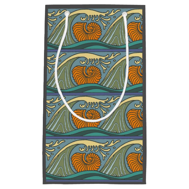Blue Ocean Waves Nautilus Seashell Muster Nouveau Kleine Geschenktüte (Vorderseite)