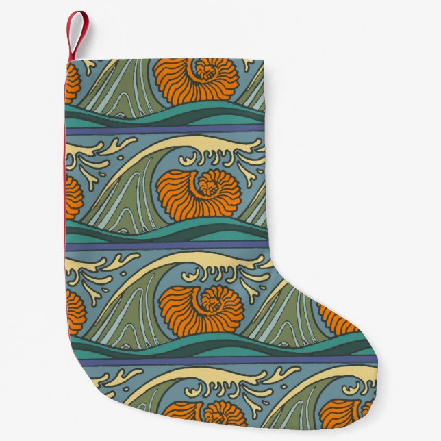 Blue Ocean Waves Nautilus Seashell Muster Nouveau Kleiner Weihnachtsstrumpf (Vorderseite)