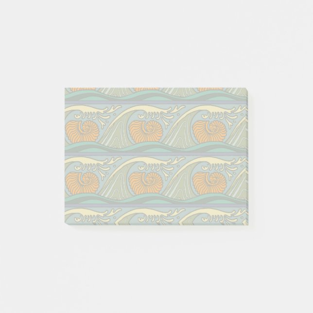 Blue Ocean Waves Nautilus Seashell Muster Nouveau Post-it Klebezettel (Vorderseite)