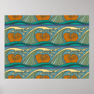 Blue Ocean Waves Nautilus Seashell Muster Nouveau Poster