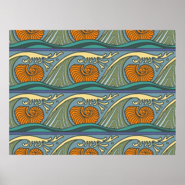 Blue Ocean Waves Nautilus Seashell Muster Nouveau Poster (Vorne)
