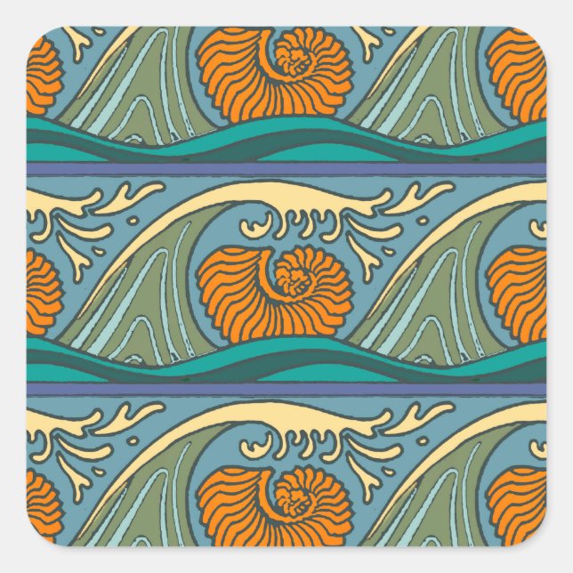 Blue Ocean Waves Nautilus Seashell Muster Nouveau Quadratischer Aufkleber (Vorderseite)