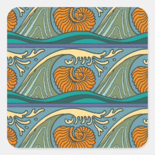 Blue Ocean Waves Nautilus Seashell Muster Nouveau Quadratischer Aufkleber