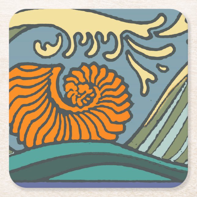 Blue Ocean Waves Nautilus Seashell Muster Nouveau Rechteckiger Pappuntersetzer (Vorderseite)