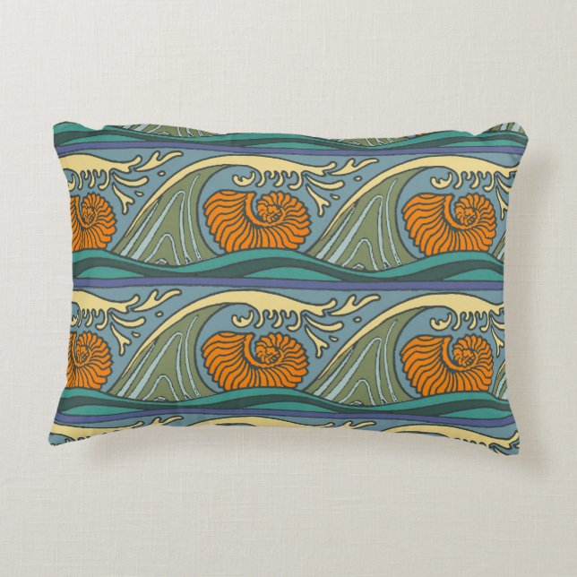 Blue Ocean Waves Nautilus Seashell Muster Nouveau Zierkissen (Rückseite)