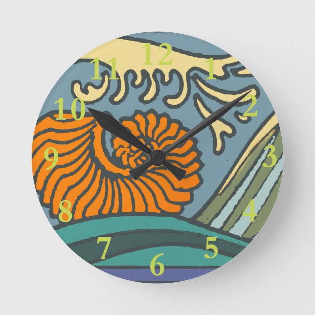 Blue Ocean Waves Nautilus Seashell Pattern Nouveau Runde Wanduhr (Vorderseite)