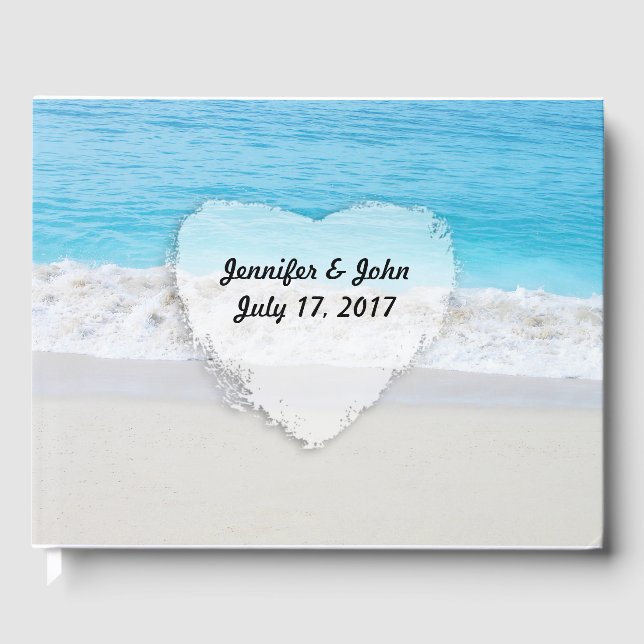 Blue Ocean White Sand Heart Wedding Gästebuch (Vorderseite)