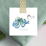 Blue Octopus Beachy Mini Christmas Watercolor  Mitteilungskarte<br><div class="desc">Wish friends and family a beachy Christmas with my fun and unique coastal themed square greeting card in a tiny size. This cute mini Christmas card pack features my original watercolor blue octopus and holiday lights artwork with in shades of blues, greens and a hint of red. The word "Merry...</div>