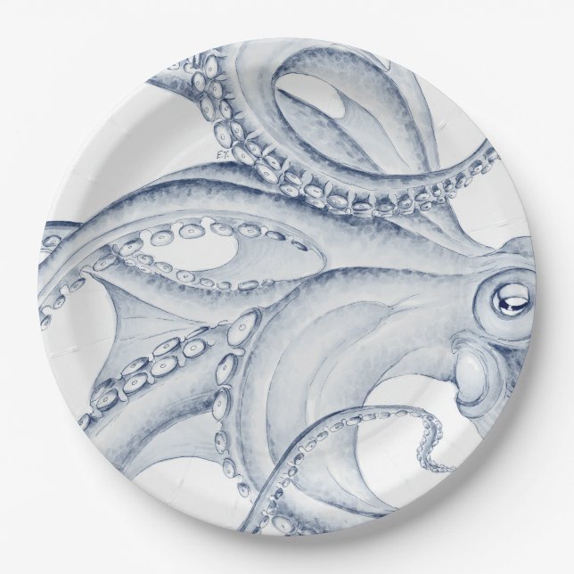 Blue Octopus Cephalopod Kraken Ink Pappteller (Vorderseite)