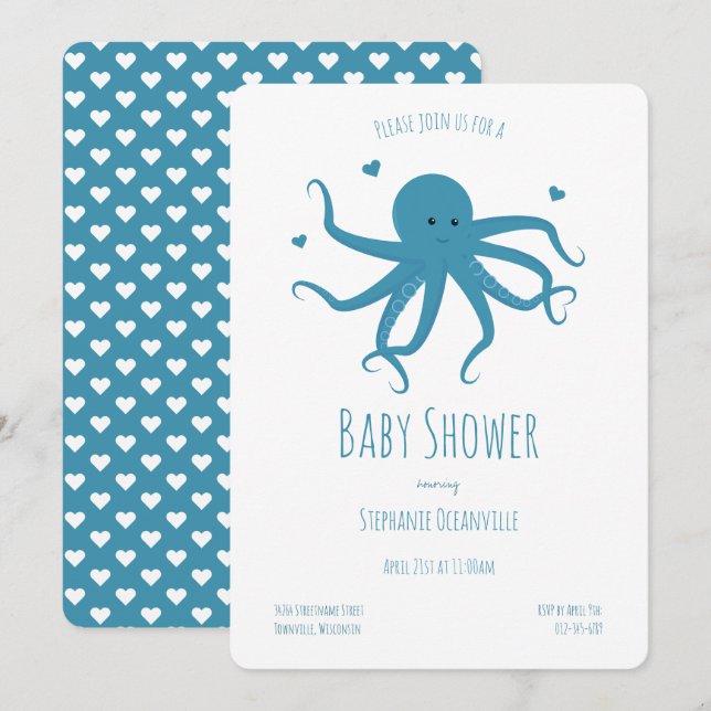 Blue Octopus Hearts Cartoon Baby Dusche Einladung (Vorne/Hinten)
