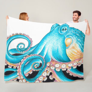Blue Octopus On White Ink Fleecedecke