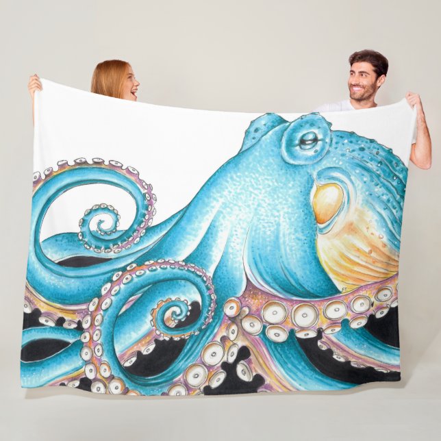 Blue Octopus On White Ink Fleecedecke (Beispiel)