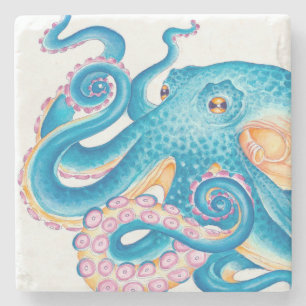 Blue Octopus Orange Pink Wasserfarbe Kunst Steinuntersetzer