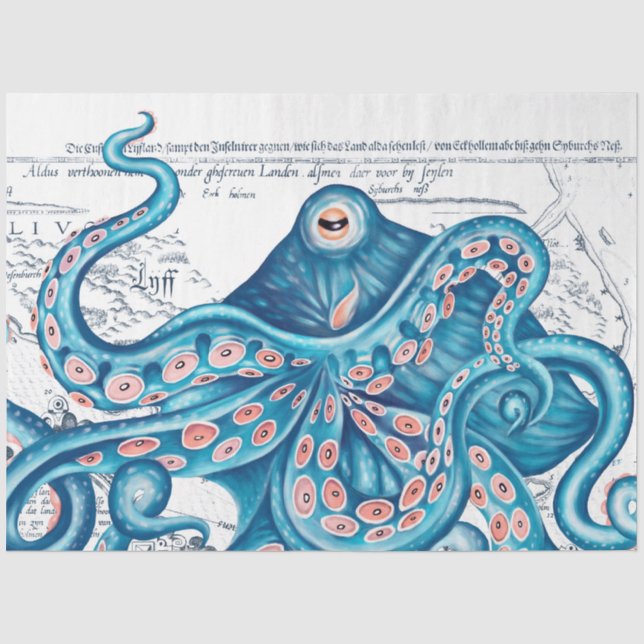 Blue Octopus Tentacle Vintage Karte Seidenpapier (Vorderseite)