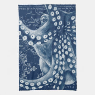 Blue Octopus Vintag Map Chic Geschirrtuch