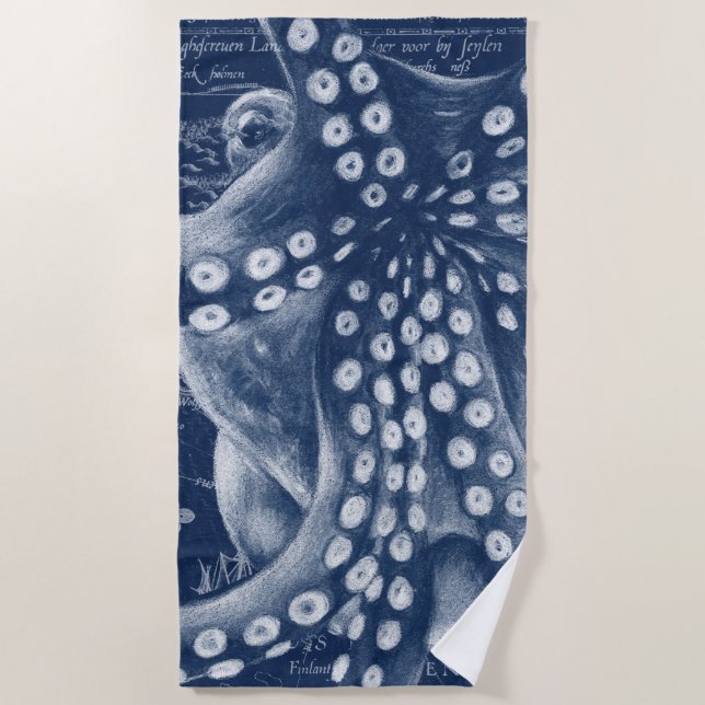 Blue Octopus Vintag Map Chic Strandtuch (Vorderseite)