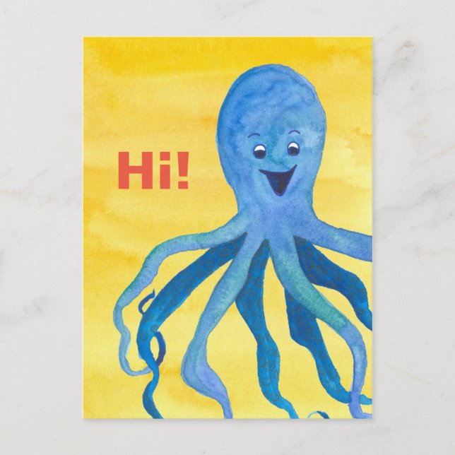Blue Octopus Yellow Hello Postkarte (Vorderseite)