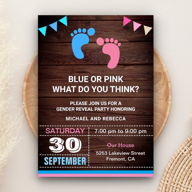 Blue oder Pink Baby Footprints Gender Reveal Party Einladung (Von Creator hochgeladen)